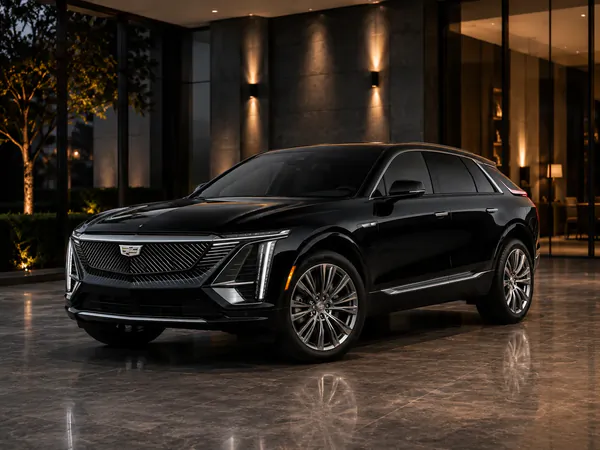 Black Cadillac Lyriq electric SUV at dusk