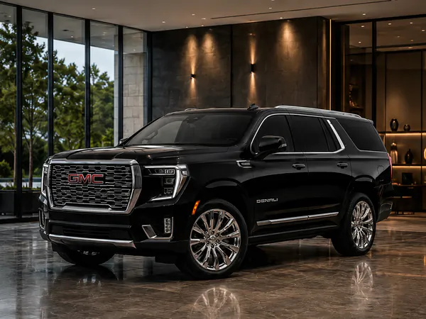 Black GMC Denali in a stone lobby