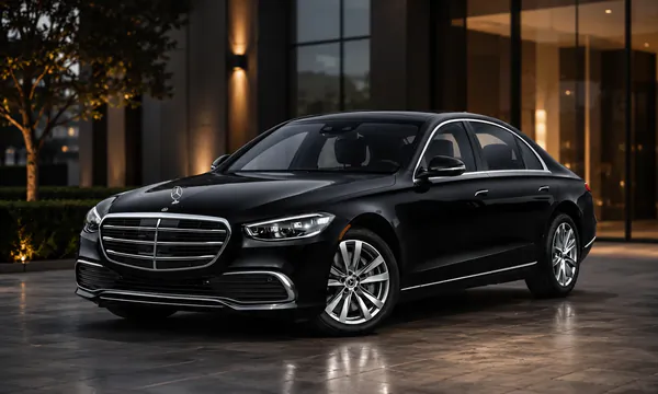 Black Mercedes-Benz S-Class in a courtyard at night