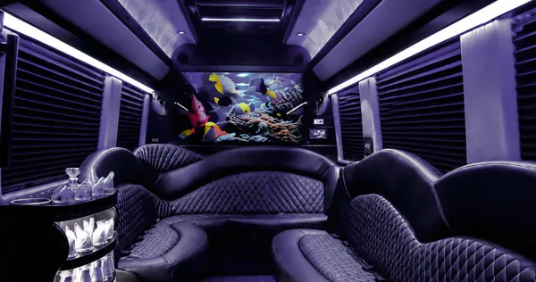 Inside the Limo Sprinter: bench seats, a bar and a screen